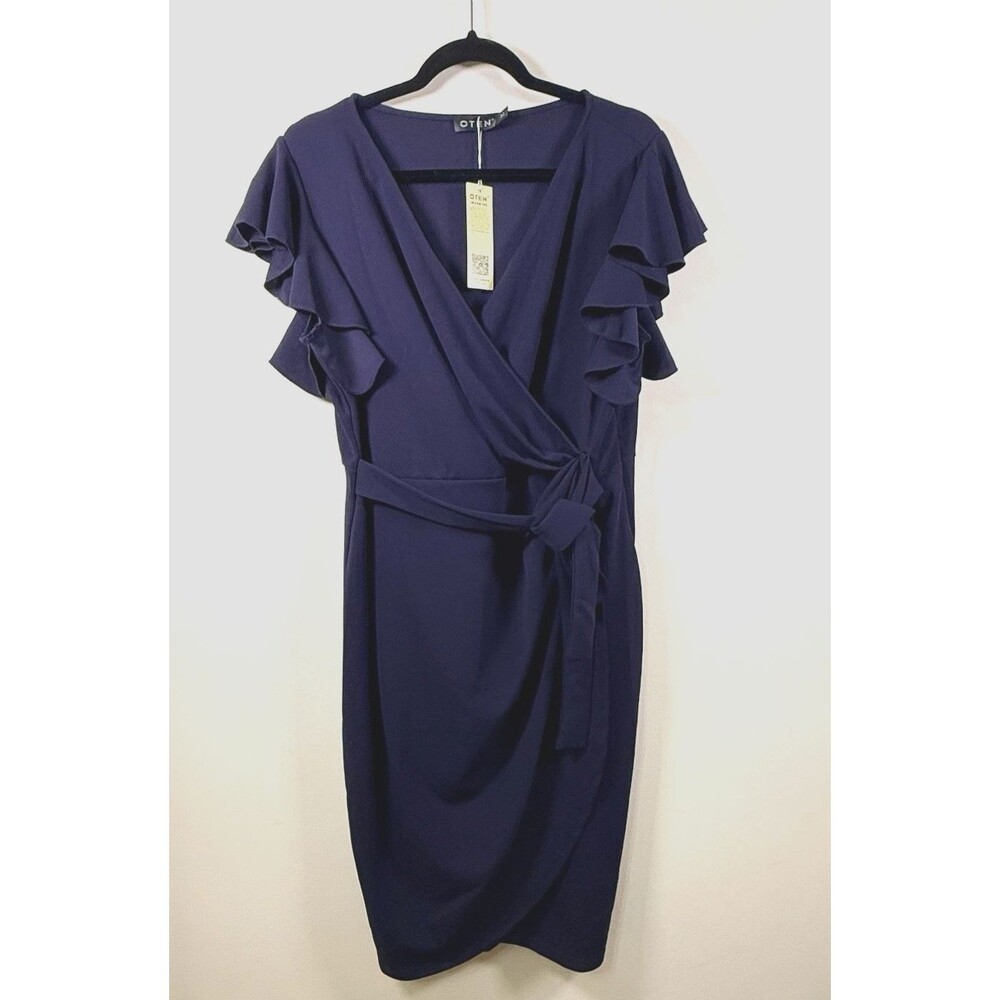 OTEN Womens Solid Navy Wrap Dress XL V-Neck Belted Ruffle Flutter Sleeve